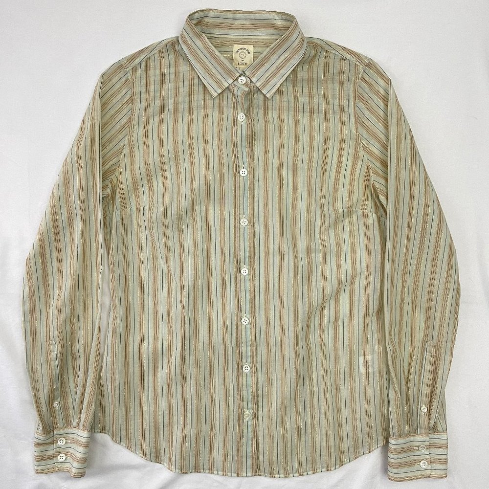 Women's J.Crew The Perfect Shirt Size 4 Gold Stripe Cotton Blend Button Down